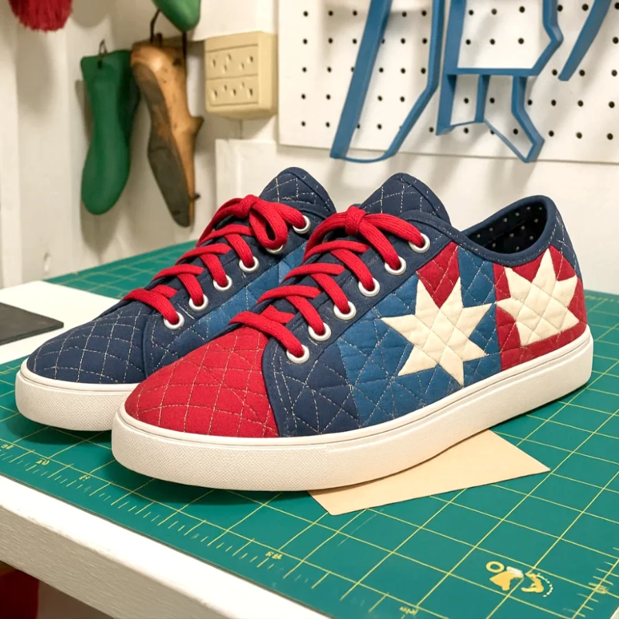 trendy DIY sneakers with multicolor quilt patterns