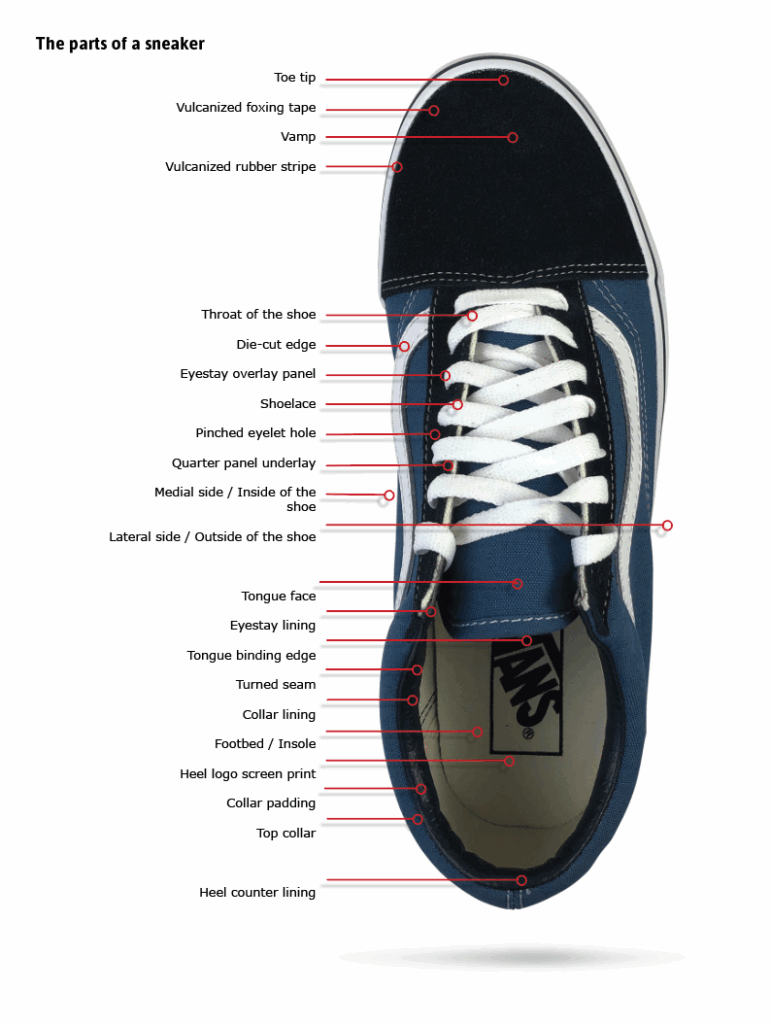 Top view shoe parts diagram showing outsole, upper, insole, and heel anatomy