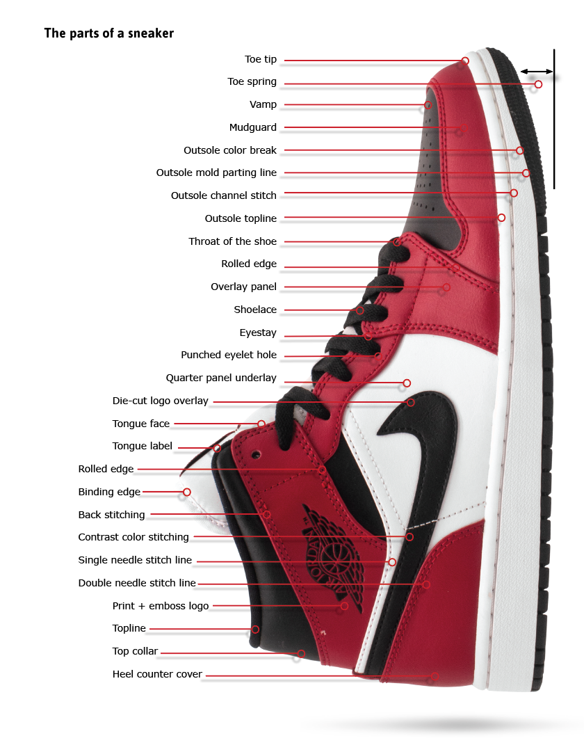 Labeled diagram of the upper parts of a shoe including vamp, tongue, eyelets, and collar