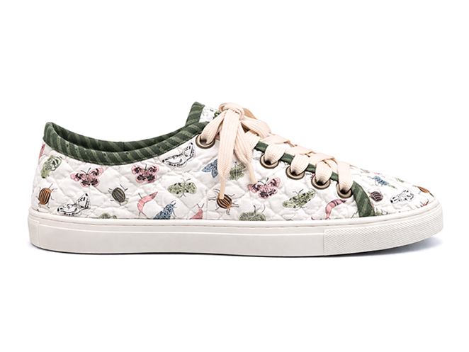 Butterfly Print Quilted Sneaker White quilted low-top sneaker with multicolor butterfly print, blush pink laces, and olive trim