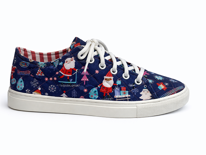 Holiday Print Quilted Sneaker Navy quilted sneaker with Christmas print, Santa motifs, white laces, and white sole
