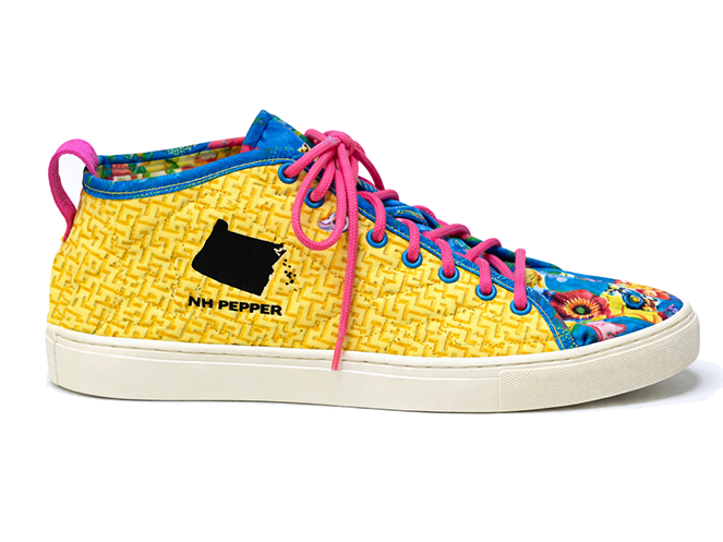 Yellow Embossed Quilted High-Top Yellow quilted high-top sneaker with embossed texture, bright pink laces, and floral side panels
