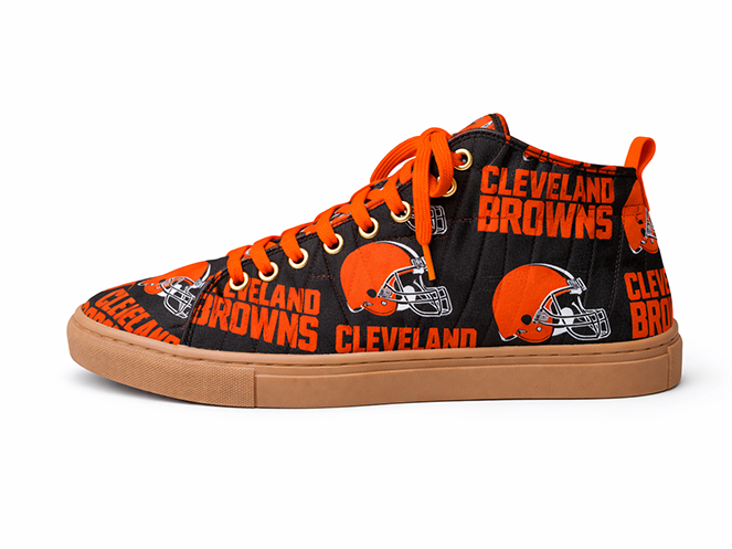 Cleveland Browns Quilted High-Top Black and orange quilted high-top sneaker with Cleveland Browns print, orange laces, and tan sole