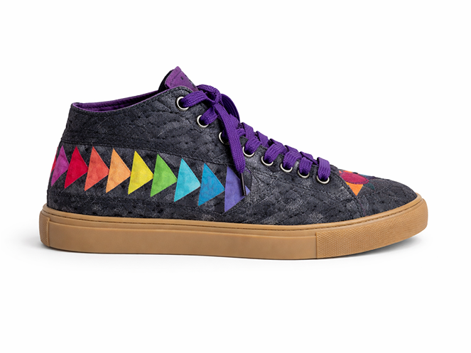 Rainbow Triangle Quilted Sneaker Dark quilted high-top sneaker with rainbow triangle patchwork, purple laces, and gum sole