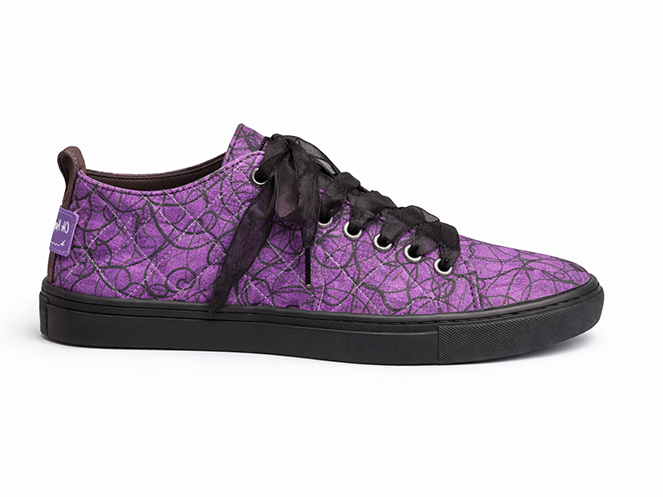Purple Vine Quilted Sneaker Purple quilted sneaker with black vine scroll pattern, sheer black ribbon laces, and black sole