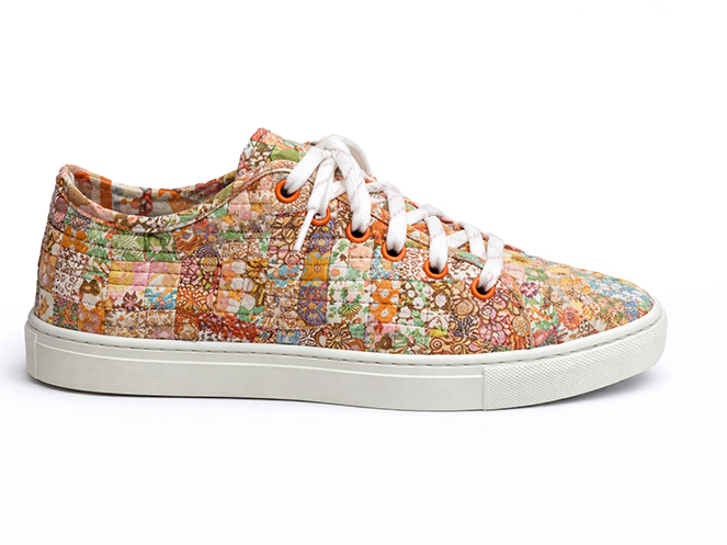Patchwork Mosaic Quilted Sneaker Low-top quilted sneaker with multicolor patchwork mosaic fabric, white laces, and white sole
