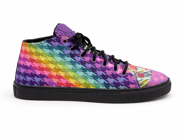 Rainbow Houndstooth Quilted High-Top Quilted high-top sneaker with rainbow houndstooth pattern, black laces, black sole, and pink floral toe panel