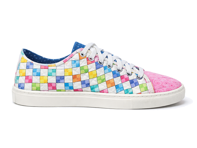 Pastel Checkerboard Quilted Sneaker Quilted low-top sneaker with pastel checkerboard patchwork upper, pink toe cap, white laces, and white sole
