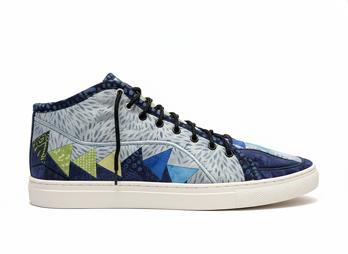 Blue Geometric Quilted High-Top Blue quilted high-top sneaker with geometric triangle patchwork and black laces