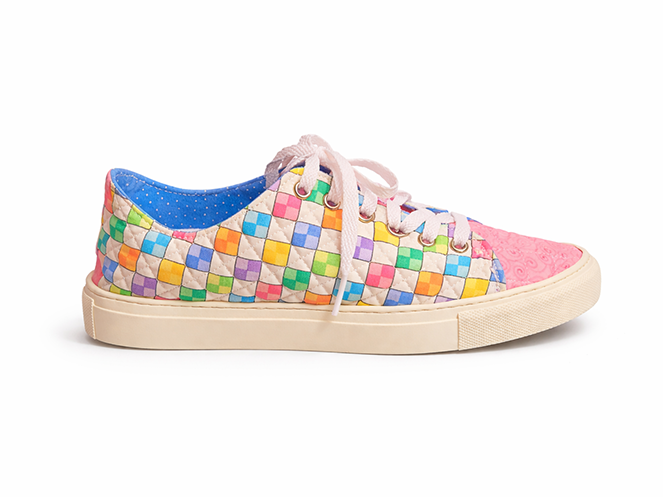 Quilted sneaker with multicolor pastel checker patchwork, blush pink laces, pink toe panel, and cream sole