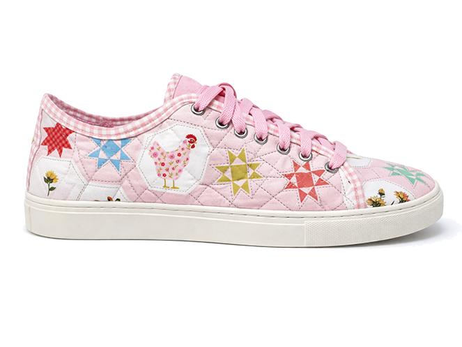 Pink Star Patch Quilted Sneaker Pink quilted sneaker with patchwork stars, chicken motif, pink laces, and white sole