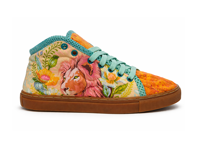 Lion Art Quilted High-Top Quilted high-top sneaker with painted lion face, floral artwork, turquoise trim, and gum sole