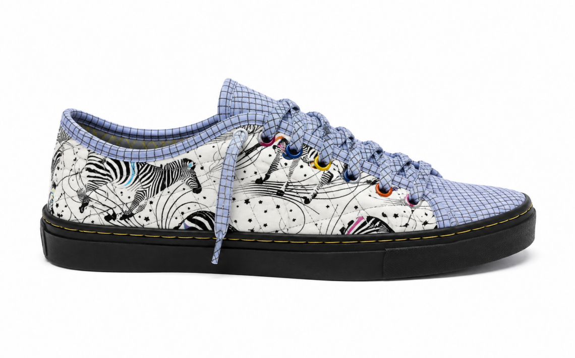 zebra sneakers, animal print shoes, quilted sneakers, black sole sneakers, blue gingham shoes, novelty footwear, women’s fabric sneakers