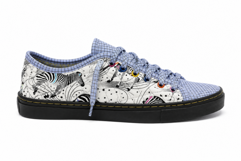 zebra sneakers, animal print shoes, quilted sneakers, black sole sneakers, blue gingham shoes, novelty footwear, women’s fabric sneakers