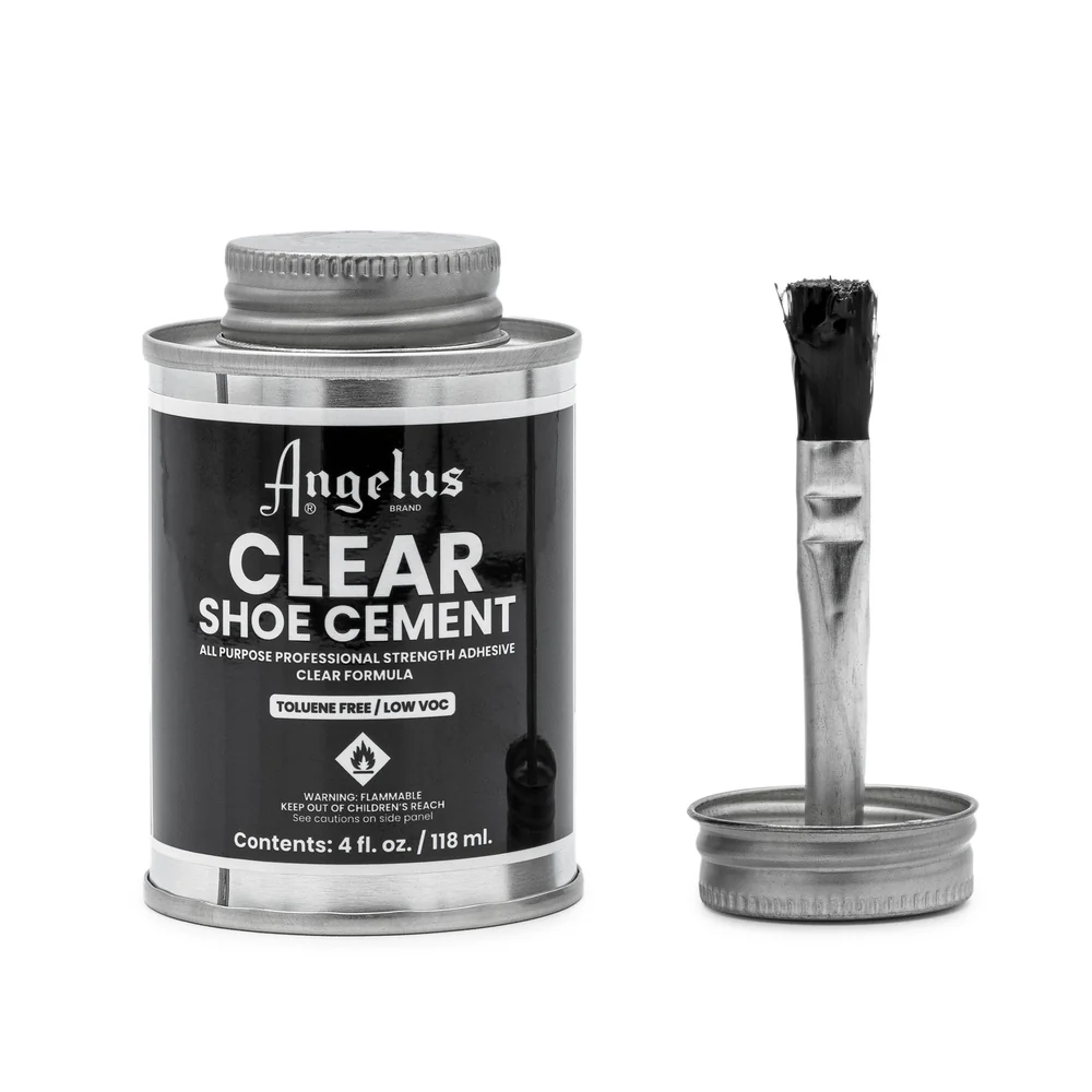 Angelus Clear Shoe Cement 4 oz metal can displayed beside its removable cap with attached adhesive application brush.